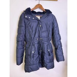 St. John’s Bay Women’s Navy Puffer Parka Coat Faux Fur Hood Medium Warm Winter